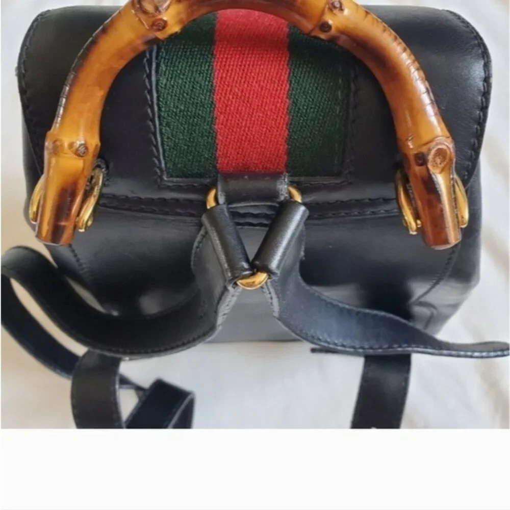 Authentic Vintage Gucci Bamboo Mini Backpack Black Leather Web Detail - Picture 13 of 15